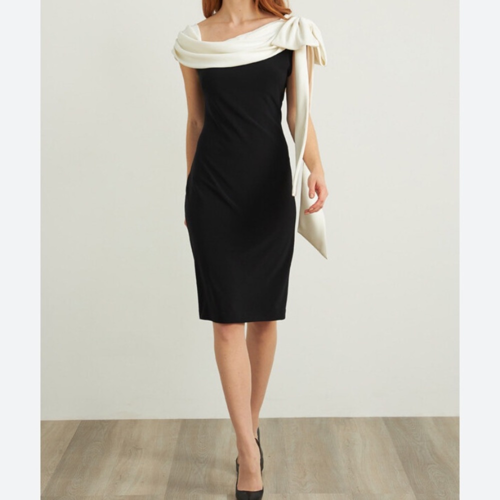 Joseph Ribkoff Black & White One Strap Dress White Bow Sz.6 Elegant FLAW NWT